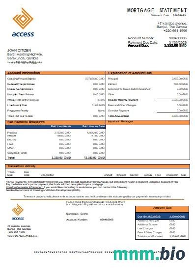 Gambia Access Bank wyciąg z kredytu hipotecznego szablon Word i PDF